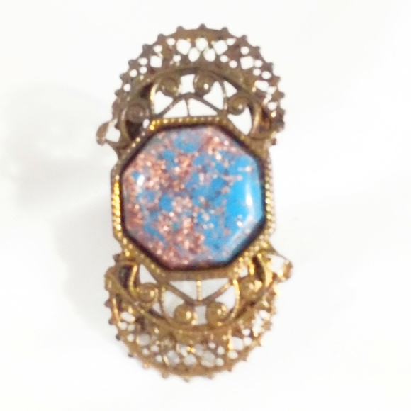 Vintage Victorian XL Brass & Turquoise Ring - Picture 7 of 7